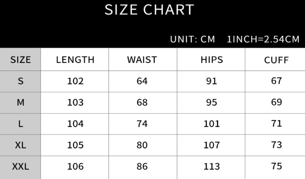 size chart of Valentine's pants