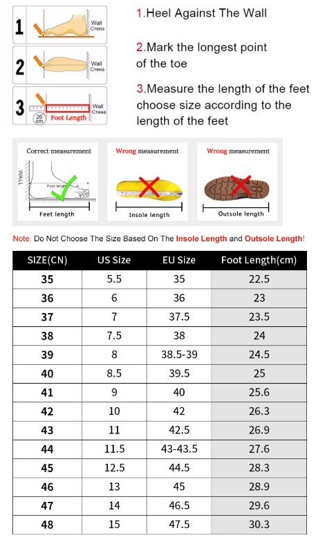 size chart and measuring tips for athletic colorful sneakers