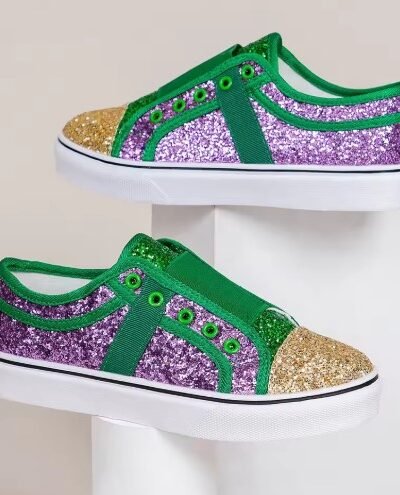 bling colorful sneakers standing on the white shelves