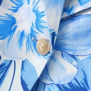 button and material of blue floral blazer