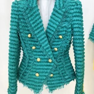 blue tweed blazer on a hanger