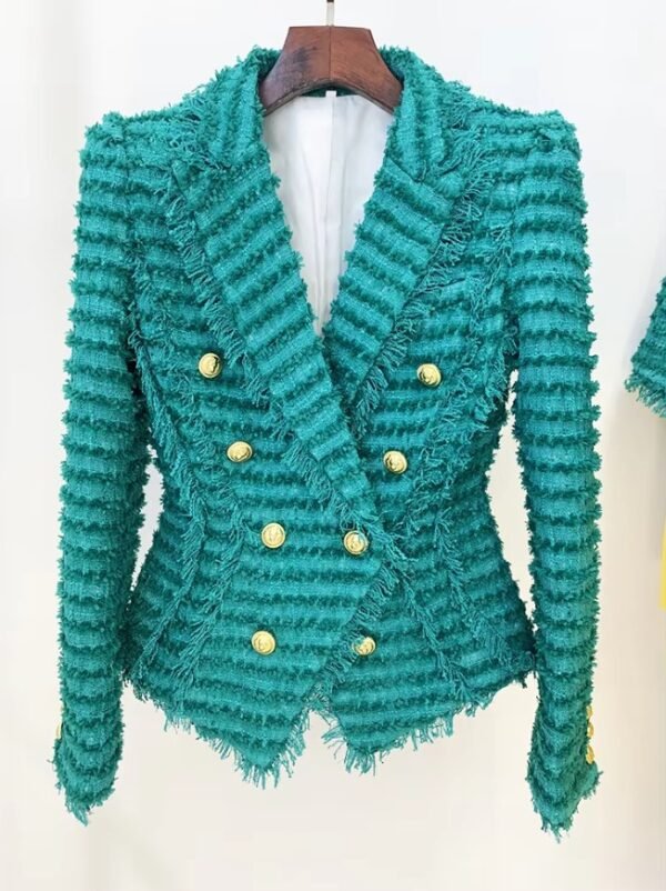 blue tweed blazer on a hanger