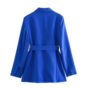 back view of blue women's colorful blazer on the white background