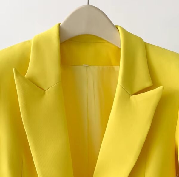 collar of bold colorful blazer on a hanger