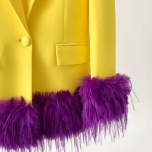 bottom part and purple feathers of bold colorful blazer