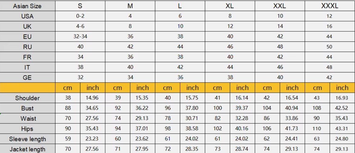 size chart of bold colorful blazer