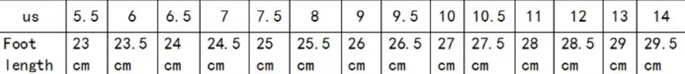 size chart of chunky colorful sneakers