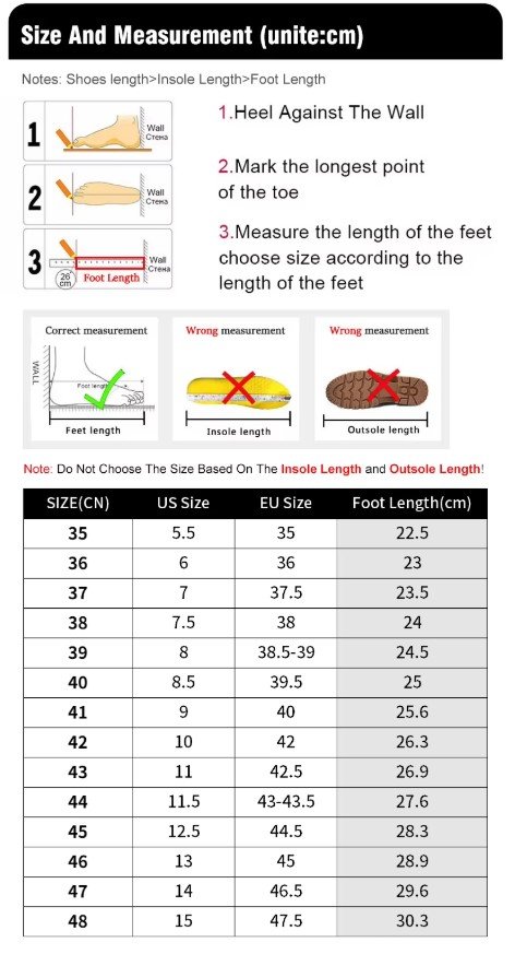 size chart of colorful anti slip sneakers