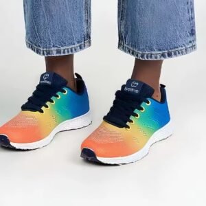 woman wearing colorful anti slip sneakers and jeans