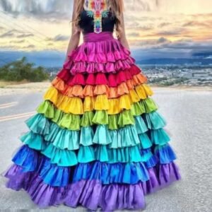 woman wearing colorful ball skirt and a black top