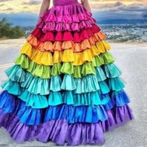 woman wearing colorful ball skirt on the sreet