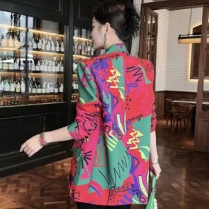 woman turned to her back wearing colorful blazer for women