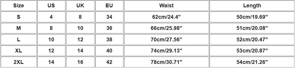 size chart of colorful butterfly skirt