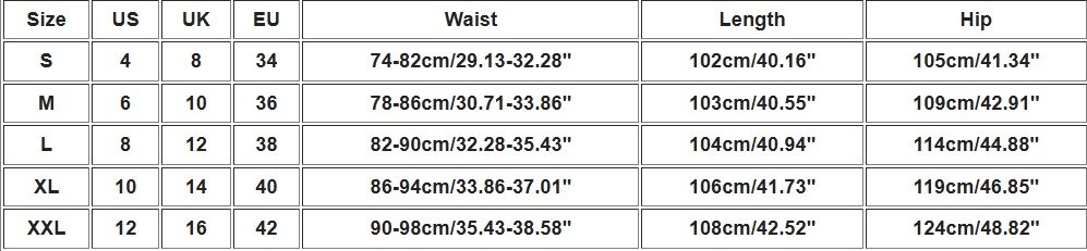 size chart of colorful cargo pants