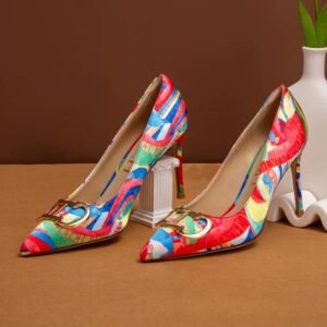 colorful color blocking heels lying on the brown table