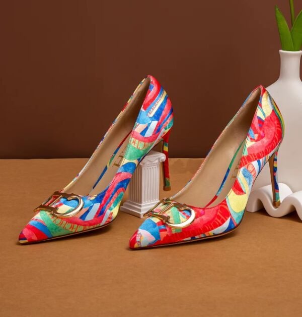 colorful color blocking heels lying on the brown table