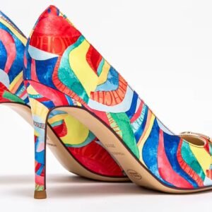 back view of colorful color blocking heels on the white background