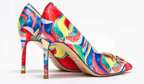 back view of colorful color blocking heels on the white background