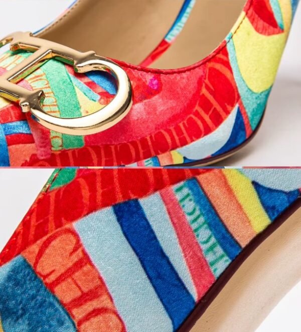 material and decorations of colorful color blocking heels