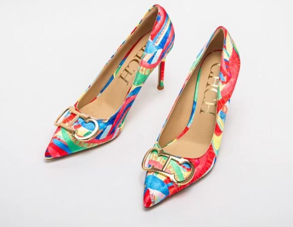 front view of colorful color blocking heels on the white background