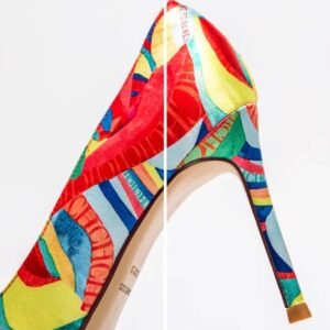 heel of colorful color blocking heels on the white background