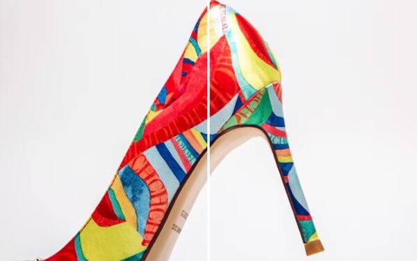 heel of colorful color blocking heels on the white background