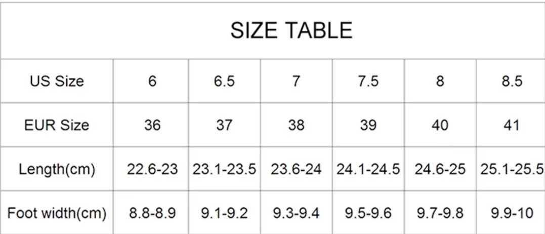 size chart of colorful color blocking heels