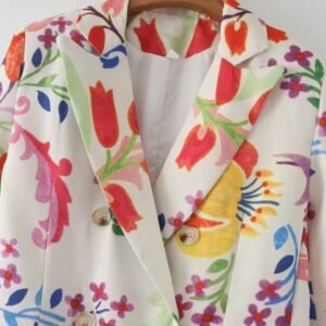 collar of colorful floral blazer on a hanger