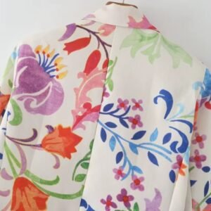 back view of upper part of colorful floral blazer on a hanger