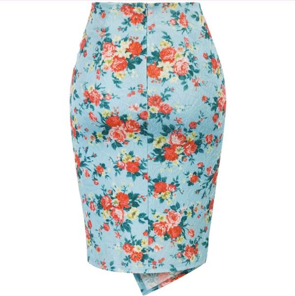 back view of colorful floral pencil skirt on the white background