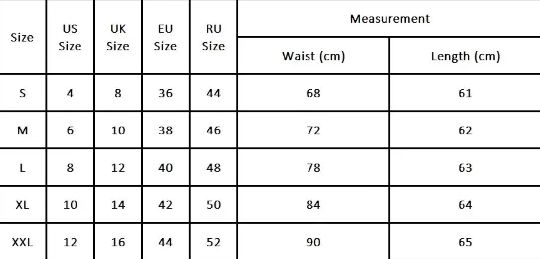 size chart of colorful floral skirt 