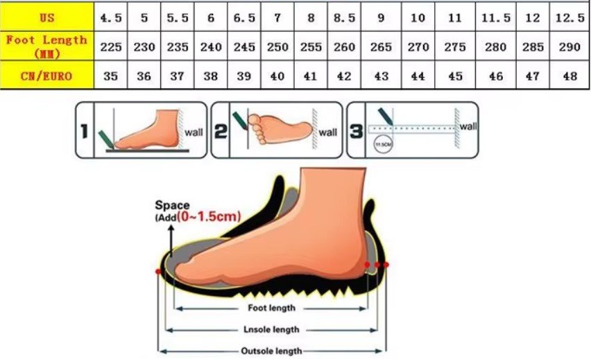 size chart of colorful floral sneakers 