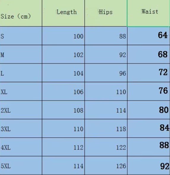 size chart of colorful high-waisted pants