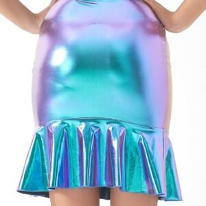 woman turned to her back wearing colorful holographic skirt