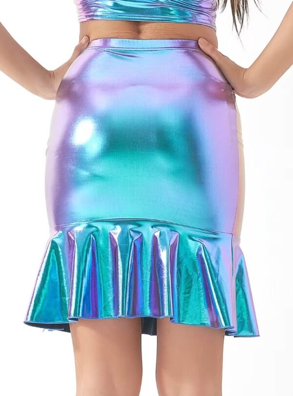 woman turned to her back wearing colorful holographic skirt