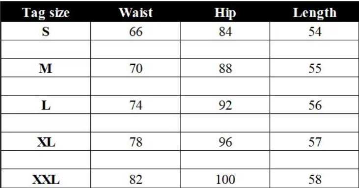 size chart of colorful holographic skirt