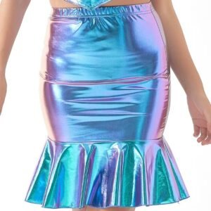 woman wearing colorful holographic skirt and a matching top, white background