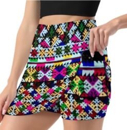 woman turned to her side wearing colorful mini skirt and taking a phone out of the pocket