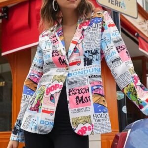 woman wearing colorful newspaper blazer and black short, red roof behind her