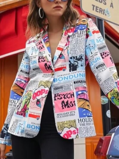 woman wearing colorful newspaper blazer and black short, red roof behind her