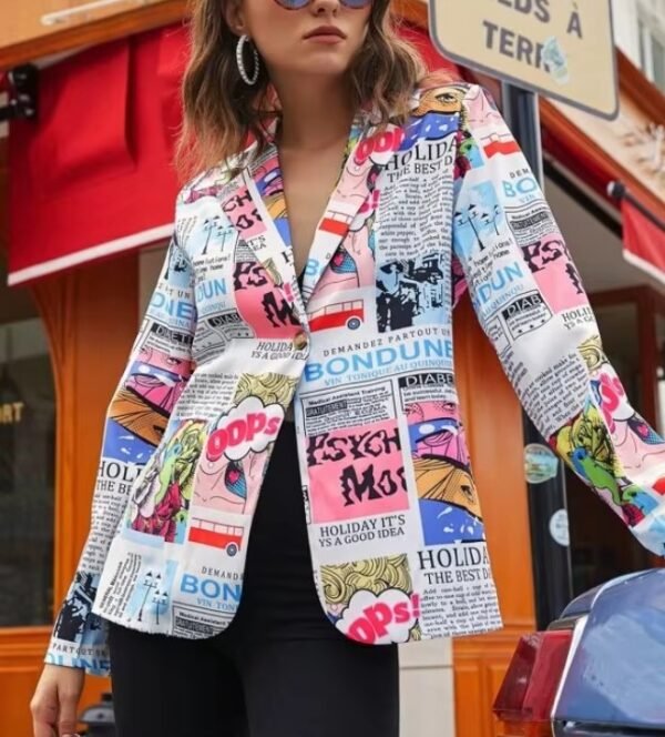 woman wearing colorful newspaper blazer and black short, red roof behind her