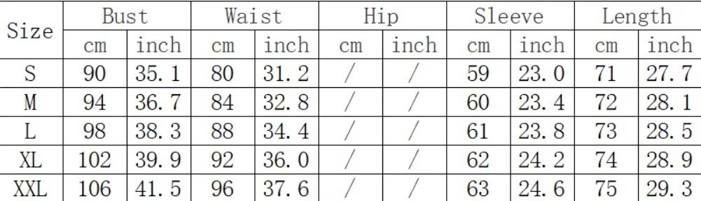 size chart of colorful office blazer