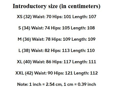 size chart of colorful painted pants