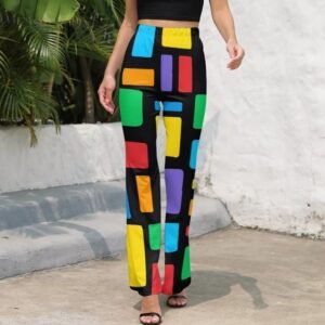 woman walking and wearing colorful pants for ladies and black high heels