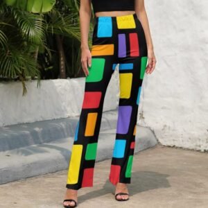 woman wearing colorful pants for ladies, black high heels and a black top