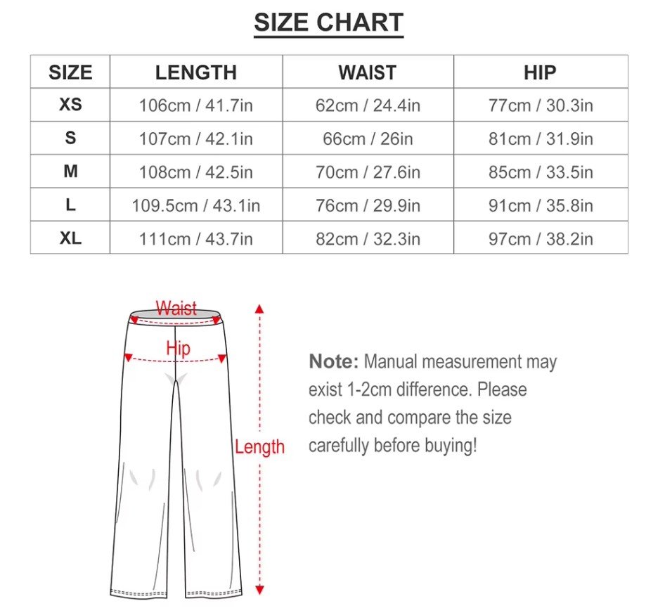 size chart of colorful pants for ladies