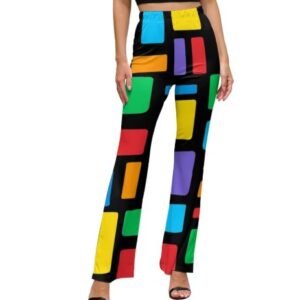 woman wearing colorful pants for ladies, white backgorund