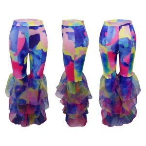 front, side and back view of colorful party pants on the white background