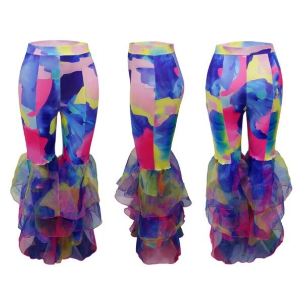 front, side and back view of colorful party pants on the white background