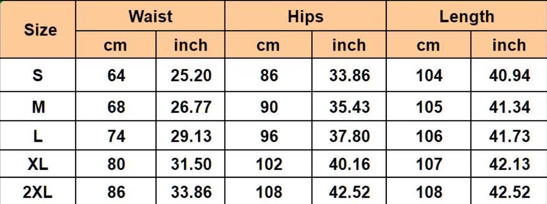 size chart of colorful party pants